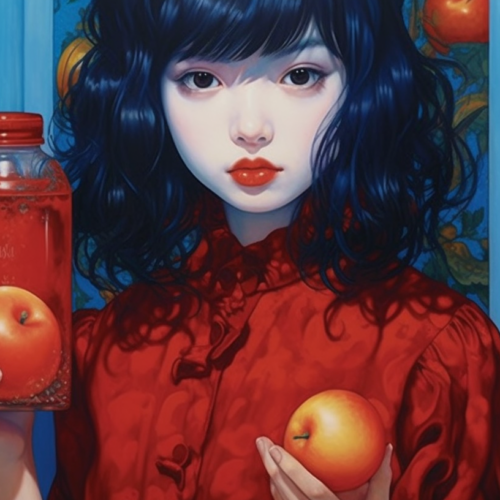 In this painting, a young woman with blue hair and wearing a red shirt is depicted holding two jars. In her left hand, she holds a jar of colorful fruits, including apples. In her right hand, she holds a jar filled with liquid, possibly juice, with a tomato floating inside. The woman''s facial features are not clearly visible, but she appears to be smiling. The background of the painting is not detailed, focusing solely on the woman and the jars she is holding. The colors used in the painting are predominantly earthy tones, with accents of deep red and blue. The overall composition creates a vibrant and whimsical scene.