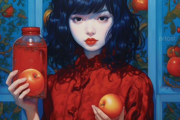 In this painting, a young woman with blue hair and wearing a red shirt is depicted holding two jars. In her left hand, she holds a jar of colorful fruits, including apples. In her right hand, she holds a jar filled with liquid, possibly juice, with a tomato floating inside. The woman''s facial features are not clearly visible, but she appears to be smiling. The background of the painting is not detailed, focusing solely on the woman and the jars she is holding. The colors used in the painting are predominantly earthy tones, with accents of deep red and blue. The overall composition creates a vibrant and whimsical scene.