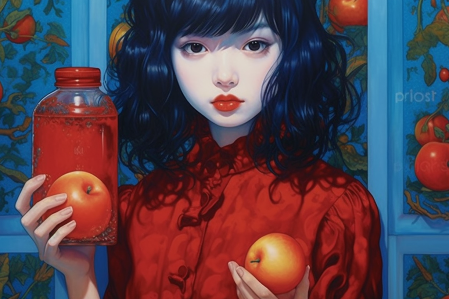 In this painting, a young woman with blue hair and wearing a red shirt is depicted holding two jars. In her left hand, she holds a jar of colorful fruits, including apples. In her right hand, she holds a jar filled with liquid, possibly juice, with a tomato floating inside. The woman''s facial features are not clearly visible, but she appears to be smiling. The background of the painting is not detailed, focusing solely on the woman and the jars she is holding. The colors used in the painting are predominantly earthy tones, with accents of deep red and blue. The overall composition creates a vibrant and whimsical scene.