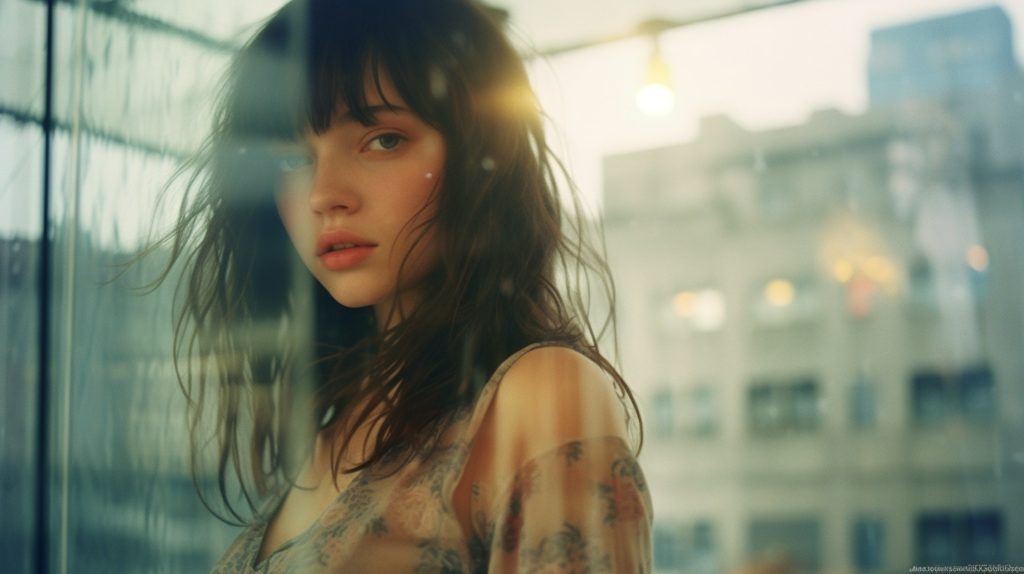 A young woman with long flowing hair and a delicate floral dress stands gracefully in front of a large window overlooking a bustling cityscape. Her captivating presence is enhanced by the soft natural light filtering through the window, casting a warm glow on her features. In the background, skyscrapers and buildings can be seen, creating a contrast between the serene beauty of the woman and the urban landscape outside. A stylish lamp with a unique design stands beside her, adding a touch of modern elegance to the scene. The overall atmosphere is one of contemplation and inner peace, as the woman gazes thoughtfully out into the city below.