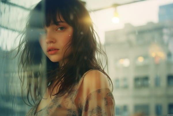 A young woman with long flowing hair and a delicate floral dress stands gracefully in front of a large window overlooking a bustling cityscape. Her captivating presence is enhanced by the soft natural light filtering through the window, casting a warm glow on her features. In the background, skyscrapers and buildings can be seen, creating a contrast between the serene beauty of the woman and the urban landscape outside. A stylish lamp with a unique design stands beside her, adding a touch of modern elegance to the scene. The overall atmosphere is one of contemplation and inner peace, as the woman gazes thoughtfully out into the city below.