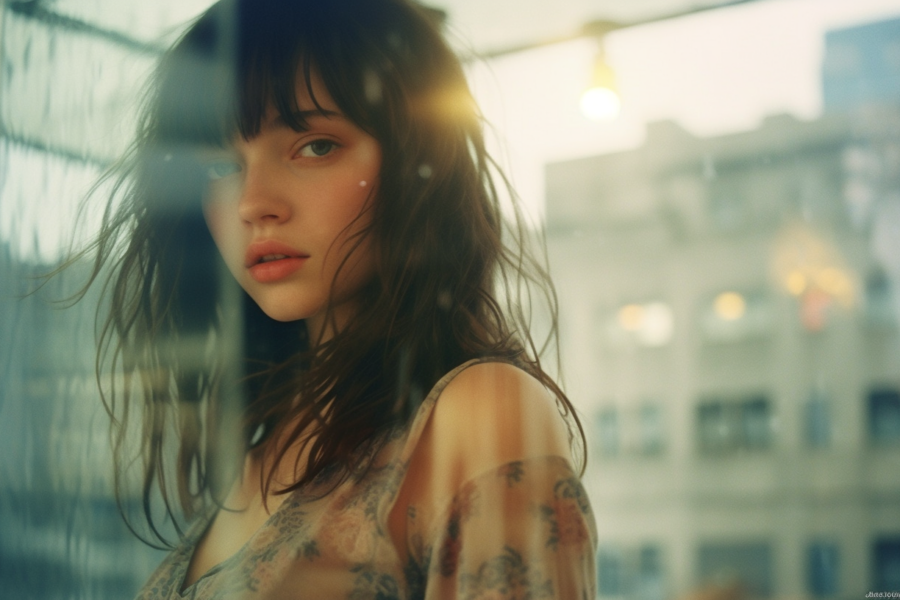 A young woman with long flowing hair and a delicate floral dress stands gracefully in front of a large window overlooking a bustling cityscape. Her captivating presence is enhanced by the soft natural light filtering through the window, casting a warm glow on her features. In the background, skyscrapers and buildings can be seen, creating a contrast between the serene beauty of the woman and the urban landscape outside. A stylish lamp with a unique design stands beside her, adding a touch of modern elegance to the scene. The overall atmosphere is one of contemplation and inner peace, as the woman gazes thoughtfully out into the city below.
