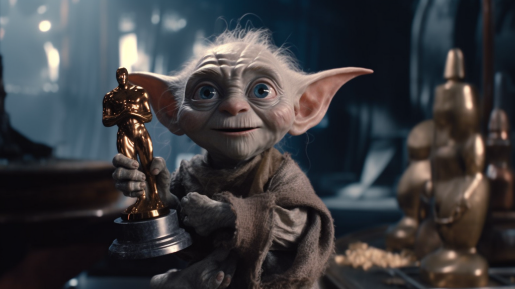 In this image, we see a very cute looking elf holding a trophy. The elf appears to be a female, around 14 years old. She has a big smile on her face and is wearing a gray outfit. The elf is the main focus of the image, with no other objects present. The background is dark and blurry, drawing all attention to the elf. The overall vibe of the image is whimsical and playful, with the elf looking joyful and proud of her trophy. The colors in the image are mostly neutral tones, enhancing the elf''s appearance.