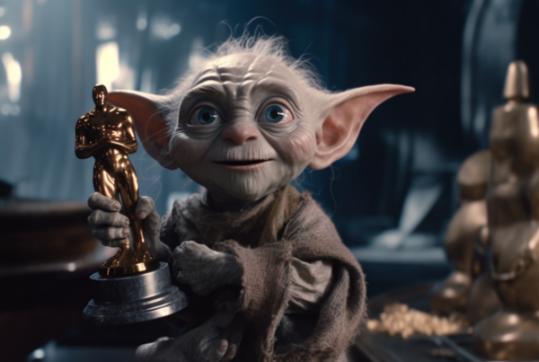 In this image, we see a very cute looking elf holding a trophy. The elf appears to be a female, around 14 years old. She has a big smile on her face and is wearing a gray outfit. The elf is the main focus of the image, with no other objects present. The background is dark and blurry, drawing all attention to the elf. The overall vibe of the image is whimsical and playful, with the elf looking joyful and proud of her trophy. The colors in the image are mostly neutral tones, enhancing the elf''s appearance.