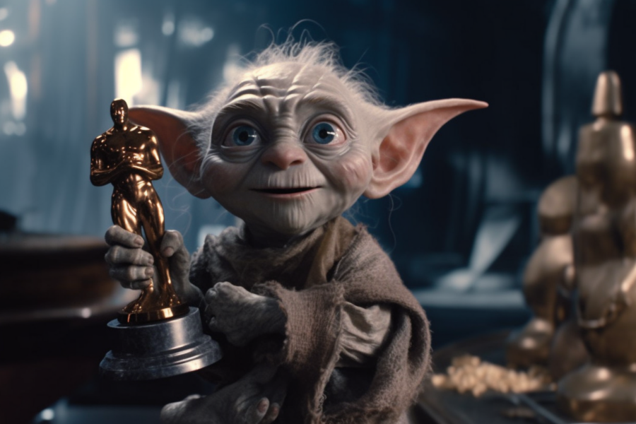In this image, we see a very cute looking elf holding a trophy. The elf appears to be a female, around 14 years old. She has a big smile on her face and is wearing a gray outfit. The elf is the main focus of the image, with no other objects present. The background is dark and blurry, drawing all attention to the elf. The overall vibe of the image is whimsical and playful, with the elf looking joyful and proud of her trophy. The colors in the image are mostly neutral tones, enhancing the elf''s appearance.