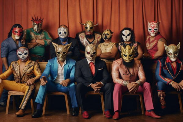 A group of masked individuals are sitting on chairs in a room. The group consists of both men and women, all wearing various types of masks. One woman, estimated to be around 32 years old, is seated in the center, wearing a mask on her head. The individuals are dressed in a mix of formal and casual attire, with some wearing ties and leather shoes. The scene gives off a vibe of a mysterious gathering or a team of masked wrestlers. The room is dimly lit, adding to the mysterious and intriguing atmosphere of the image.