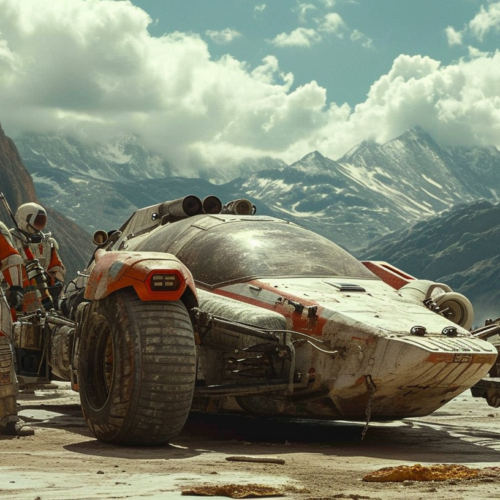 In the image, we see a group of people standing around a vehicle in the desert. The vehicle appears to be a replica of a Star Wars vehicle, with a futuristic design and large front bumper. The people are wearing space suits and helmets, suggesting they are part of a space exploration or sci-fi themed scene. The desert setting adds to the otherworldly atmosphere of the image. The colors in the image are predominantly earth tones, with shades of brown, green, and gray. The sky is visible in the background, with clouds adding texture to the scene. Overall, the image depicts a mysterious and intriguing moment in a desert landscape