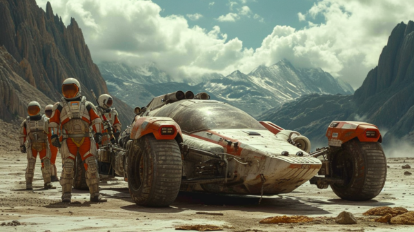In the image, we see a group of people standing around a vehicle in the desert. The vehicle appears to be a replica of a Star Wars vehicle, with a futuristic design and large front bumper. The people are wearing space suits and helmets, suggesting they are part of a space exploration or sci-fi themed scene. The desert setting adds to the otherworldly atmosphere of the image. The colors in the image are predominantly earth tones, with shades of brown, green, and gray. The sky is visible in the background, with clouds adding texture to the scene. Overall, the image depicts a mysterious and intriguing moment in a desert landscape