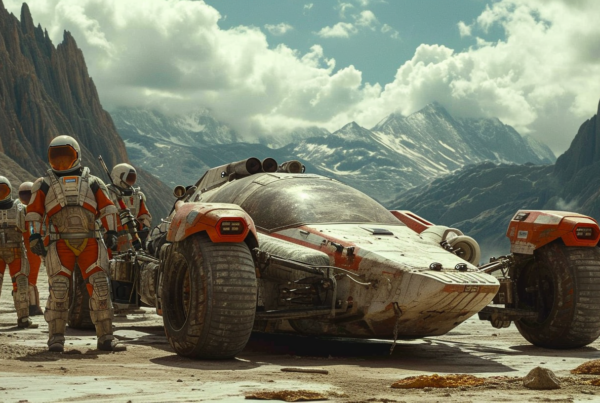 In the image, we see a group of people standing around a vehicle in the desert. The vehicle appears to be a replica of a Star Wars vehicle, with a futuristic design and large front bumper. The people are wearing space suits and helmets, suggesting they are part of a space exploration or sci-fi themed scene. The desert setting adds to the otherworldly atmosphere of the image. The colors in the image are predominantly earth tones, with shades of brown, green, and gray. The sky is visible in the background, with clouds adding texture to the scene. Overall, the image depicts a mysterious and intriguing moment in a desert landscape