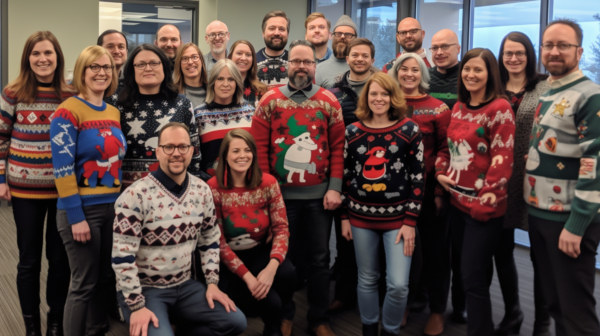 In this image, a group of people is gathered in an office setting, wearing a variety of colorful and festive ugly sweaters. The group consists of both men and women, all smiling and posing for a picture. Some individuals are also wearing hats and glasses to add to the quirky holiday theme. The scene captures the joy and camaraderie of friends or colleagues coming together to celebrate the holiday season in a fun and lighthearted way. The background of the office setting adds a touch of everyday reality to the festive atmosphere, creating a unique and memorable holiday moment.
