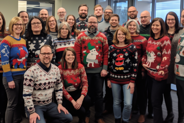In this image, a group of people is gathered in an office setting, wearing a variety of colorful and festive ugly sweaters. The group consists of both men and women, all smiling and posing for a picture. Some individuals are also wearing hats and glasses to add to the quirky holiday theme. The scene captures the joy and camaraderie of friends or colleagues coming together to celebrate the holiday season in a fun and lighthearted way. The background of the office setting adds a touch of everyday reality to the festive atmosphere, creating a unique and memorable holiday moment.