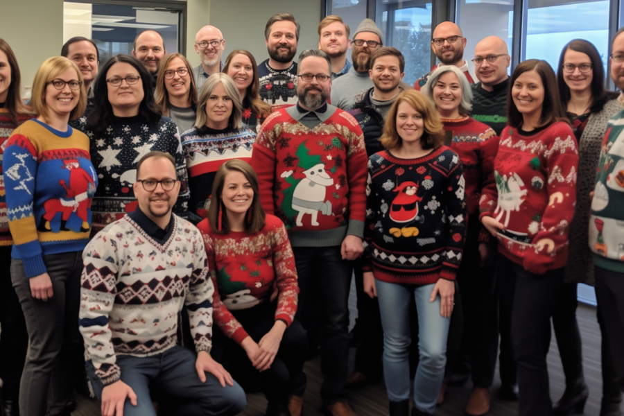 In this image, a group of people is gathered in an office setting, wearing a variety of colorful and festive ugly sweaters. The group consists of both men and women, all smiling and posing for a picture. Some individuals are also wearing hats and glasses to add to the quirky holiday theme. The scene captures the joy and camaraderie of friends or colleagues coming together to celebrate the holiday season in a fun and lighthearted way. The background of the office setting adds a touch of everyday reality to the festive atmosphere, creating a unique and memorable holiday moment.