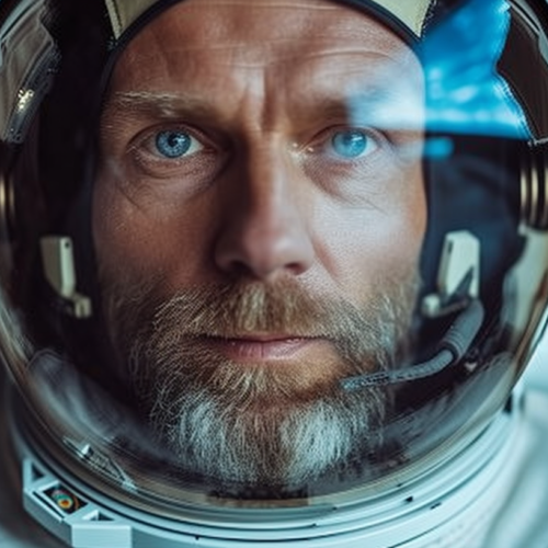 A close-up image of a man in a space suit looking directly at the camera. The man has a beard and a mustache, giving him a rugged appearance. The space suit is white with various technological details, and the helmet has a reflective visor. The background shows a window with a view of space, emphasizing the astronaut''s environment. The color palette includes shades of blue, grey, and black. The man''s intense gaze and the overall futuristic atmosphere create a sense of mystery and adventure.