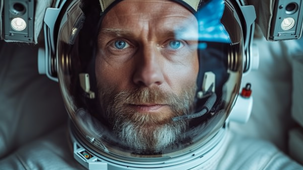 A close-up image of a man in a space suit looking directly at the camera. The man has a beard and a mustache, giving him a rugged appearance. The space suit is white with various technological details, and the helmet has a reflective visor. The background shows a window with a view of space, emphasizing the astronaut''s environment. The color palette includes shades of blue, grey, and black. The man''s intense gaze and the overall futuristic atmosphere create a sense of mystery and adventure.