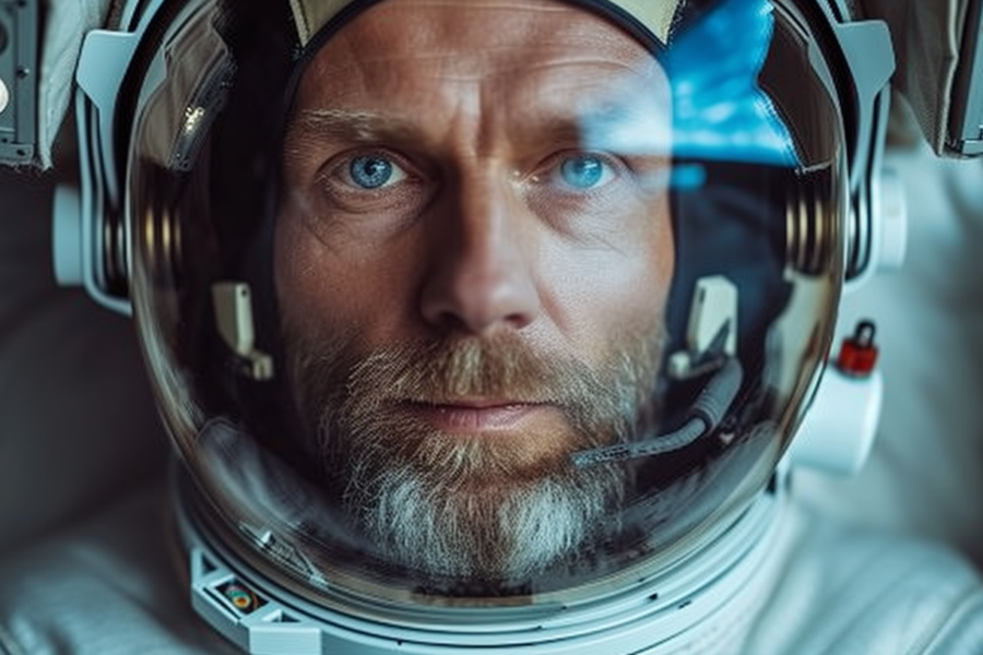 A close-up image of a man in a space suit looking directly at the camera. The man has a beard and a mustache, giving him a rugged appearance. The space suit is white with various technological details, and the helmet has a reflective visor. The background shows a window with a view of space, emphasizing the astronaut''s environment. The color palette includes shades of blue, grey, and black. The man''s intense gaze and the overall futuristic atmosphere create a sense of mystery and adventure.