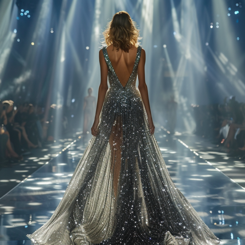 A woman is elegantly walking down a runway in a stunning gown, exuding confidence and glamour. The dress she is wearing is sparkly and catches the light beautifully as she moves. Surrounding her are other people, some also dressed in fashionable attire, creating a vibrant and lively fashion show atmosphere. The woman''s hair is styled impeccably, adding to her overall sophisticated look. The runway is well-lit, showcasing the intricate details of her outfit, including her high heels. This image captures the essence of a high-end fashion event, with the model gracefully strutting her stuff with poise and grace.
