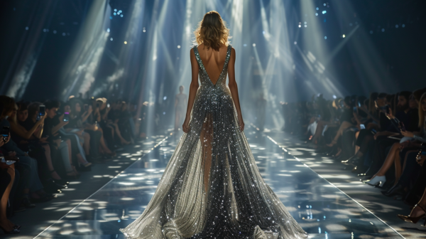 A woman is elegantly walking down a runway in a stunning gown, exuding confidence and glamour. The dress she is wearing is sparkly and catches the light beautifully as she moves. Surrounding her are other people, some also dressed in fashionable attire, creating a vibrant and lively fashion show atmosphere. The woman''s hair is styled impeccably, adding to her overall sophisticated look. The runway is well-lit, showcasing the intricate details of her outfit, including her high heels. This image captures the essence of a high-end fashion event, with the model gracefully strutting her stuff with poise and grace.