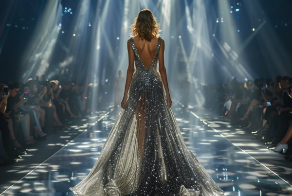 A woman is elegantly walking down a runway in a stunning gown, exuding confidence and glamour. The dress she is wearing is sparkly and catches the light beautifully as she moves. Surrounding her are other people, some also dressed in fashionable attire, creating a vibrant and lively fashion show atmosphere. The woman''s hair is styled impeccably, adding to her overall sophisticated look. The runway is well-lit, showcasing the intricate details of her outfit, including her high heels. This image captures the essence of a high-end fashion event, with the model gracefully strutting her stuff with poise and grace.
