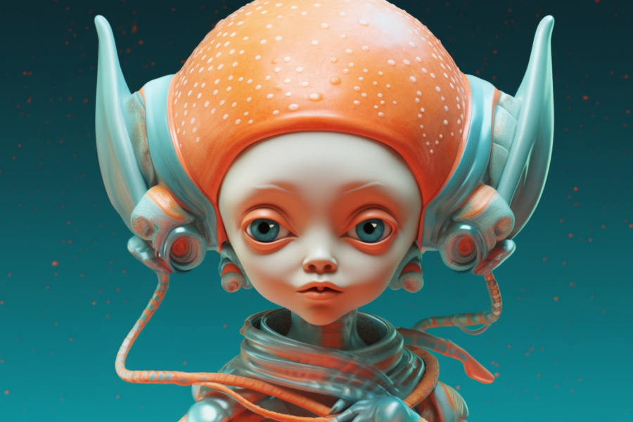 This image is a close-up of a toy with a strange head, resembling a digital painting of a girl. The toy''s head features an eye, face, and a drawing with blue accents, giving it an artistic and unique appearance. The colors in the image include shades of brown, blue, and gray. Additionally, the toy is wearing a shoe, adding to its quirky character. The image also shows a young female face with a age of 3 years old. The overall scene is intriguing and imaginative, making it a fascinating subject for analysis and creative interpretation.