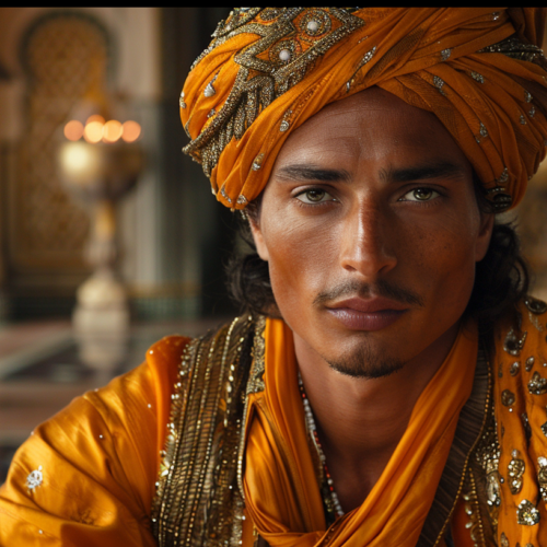 A man with a turban is sitting in a room. He is wearing a leather jacket and has a gold necklace around his neck. The man is also wearing a headscarf and appears to be of Middle Eastern descent. His facial features include a mustache and a beard. The room is dimly lit, emphasizing the man''s outfit and accessories. The man''s expression is calm as he sits, making the scene feel peaceful. The focus is on the man''s attire, particularly his turban and necklace, which add a touch of cultural richness to the image.