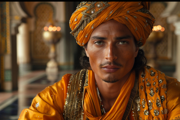 A man with a turban is sitting in a room. He is wearing a leather jacket and has a gold necklace around his neck. The man is also wearing a headscarf and appears to be of Middle Eastern descent. His facial features include a mustache and a beard. The room is dimly lit, emphasizing the man''s outfit and accessories. The man''s expression is calm as he sits, making the scene feel peaceful. The focus is on the man''s attire, particularly his turban and necklace, which add a touch of cultural richness to the image.