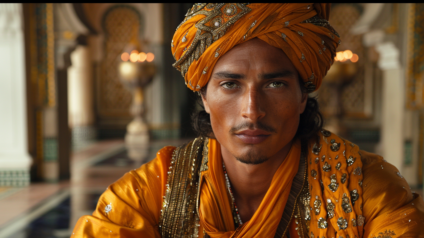 A man with a turban is sitting in a room. He is wearing a leather jacket and has a gold necklace around his neck. The man is also wearing a headscarf and appears to be of Middle Eastern descent. His facial features include a mustache and a beard. The room is dimly lit, emphasizing the man''s outfit and accessories. The man''s expression is calm as he sits, making the scene feel peaceful. The focus is on the man''s attire, particularly his turban and necklace, which add a touch of cultural richness to the image.
