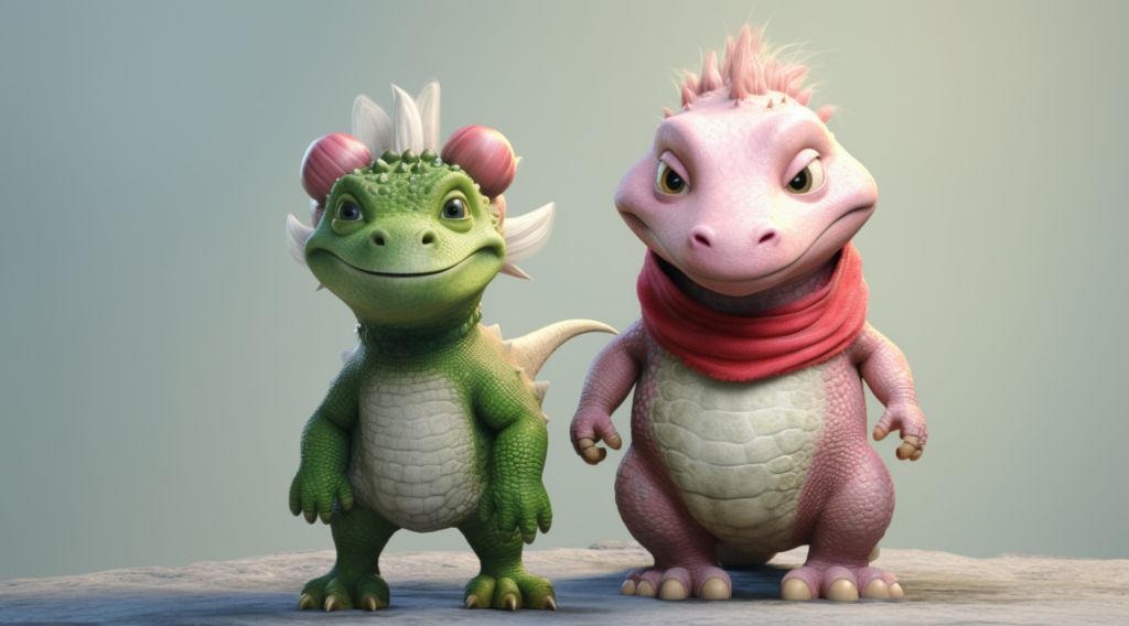 The image depicts a couple of cartoon characters standing next to each other. One character is a cute green dragon wearing a scarf, while the other character is a pink pig. The dragon has a whimsical and friendly appearance, with a flower on its head, and the pig is equally adorable. Both characters are depicted in a cartoon style, with vibrant colors and playful expressions. The background is simple and allows the characters to stand out. Overall, the image exudes a sense of charm and fun, making it perfect for a children''s animation or storybook.