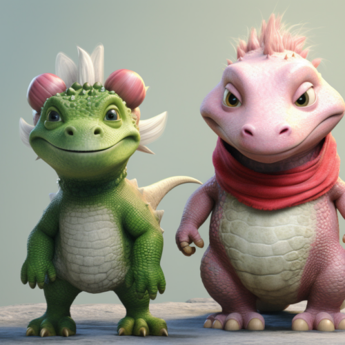 The image depicts a couple of cartoon characters standing next to each other. One character is a cute green dragon wearing a scarf, while the other character is a pink pig. The dragon has a whimsical and friendly appearance, with a flower on its head, and the pig is equally adorable. Both characters are depicted in a cartoon style, with vibrant colors and playful expressions. The background is simple and allows the characters to stand out. Overall, the image exudes a sense of charm and fun, making it perfect for a children''s animation or storybook.