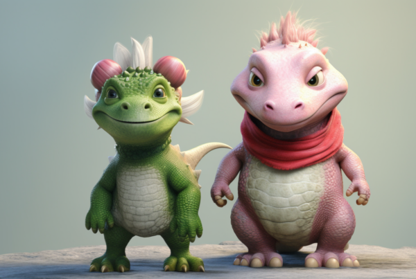 The image depicts a couple of cartoon characters standing next to each other. One character is a cute green dragon wearing a scarf, while the other character is a pink pig. The dragon has a whimsical and friendly appearance, with a flower on its head, and the pig is equally adorable. Both characters are depicted in a cartoon style, with vibrant colors and playful expressions. The background is simple and allows the characters to stand out. Overall, the image exudes a sense of charm and fun, making it perfect for a children''s animation or storybook.