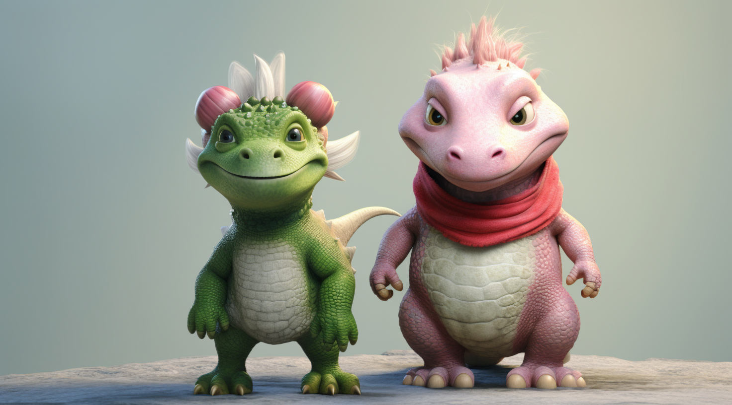 The image depicts a couple of cartoon characters standing next to each other. One character is a cute green dragon wearing a scarf, while the other character is a pink pig. The dragon has a whimsical and friendly appearance, with a flower on its head, and the pig is equally adorable. Both characters are depicted in a cartoon style, with vibrant colors and playful expressions. The background is simple and allows the characters to stand out. Overall, the image exudes a sense of charm and fun, making it perfect for a children''s animation or storybook.