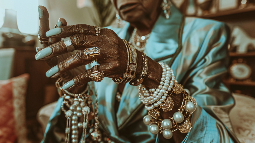 A woman is shown with jewelry on her hand, including a ring and bracelet. The image is focused on her hand, with the ring prominently displayed on her finger. The bracelet wraps around her wrist, adding a touch of elegance to her outfit. The woman is wearing other accessories as well, such as a necklace and possibly a tiara or crown. The background is blurred, drawing attention to the intricate details of the jewelry. Overall, the image exudes a sense of luxury and sophistication, with the woman''s hand adorned with beautiful pieces of jewelry.