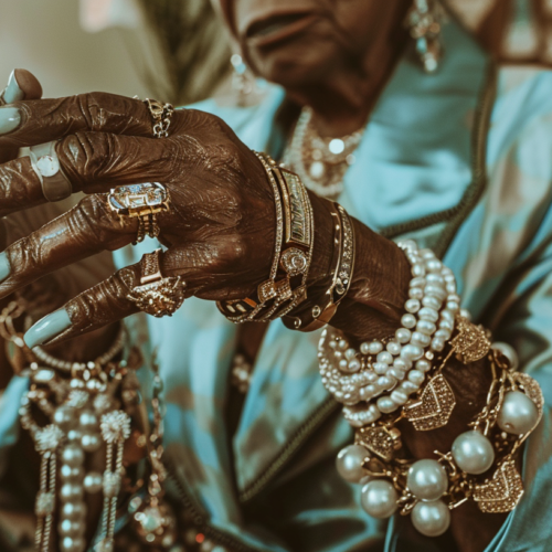 A woman is shown with jewelry on her hand, including a ring and bracelet. The image is focused on her hand, with the ring prominently displayed on her finger. The bracelet wraps around her wrist, adding a touch of elegance to her outfit. The woman is wearing other accessories as well, such as a necklace and possibly a tiara or crown. The background is blurred, drawing attention to the intricate details of the jewelry. Overall, the image exudes a sense of luxury and sophistication, with the woman''s hand adorned with beautiful pieces of jewelry.
