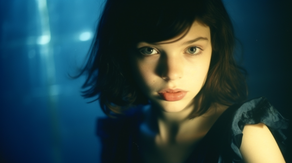 A close-up image of a woman with a blue background, standing in front of a palm tree. The woman is wearing a dark dress and has a serene expression on her face. Her eyes are the focal point of the image, exuding a sense of mystery and elegance. The lighting creates a subtle shadow on her face, adding depth to the composition. The overall color scheme consists of shades of blue, with accents of gold and black. The woman appears to be in her twenties, with a feminine appearance. This image captures a moment of beauty and tranquility.