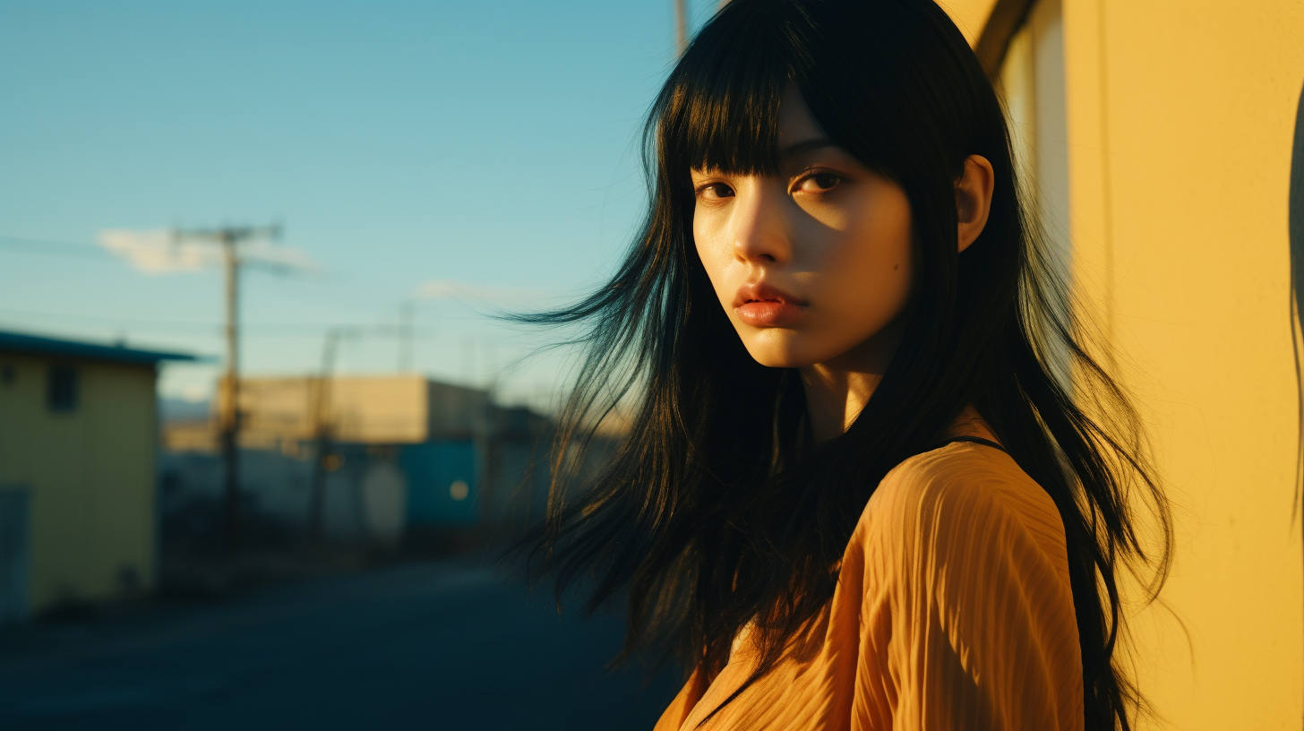 A young woman with long, flowing black hair stands confidently in front of a wall. She is wearing a tan top that complements her complexion. Her face is serene and captivating, with features that exude grace and beauty. The background consists of a simple, neutral-colored wall that highlights the woman''s presence. The lighting is soft and flattering, enhancing the overall mood of the image. The woman''s posture is poised and elegant, adding to the sense of sophistication and style. Overall, the image captures a moment of quiet strength and inner beauty.