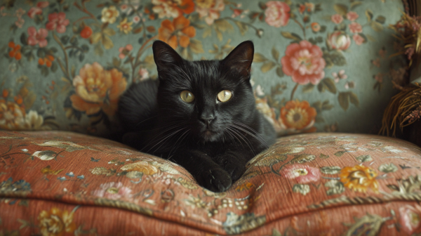 A black cat with striking yellow eyes is peacefully laying on a cozy floral couch. The cat''s fur is a deep black color, contrasting beautifully with the earthy tones of the couch. The cat appears relaxed and content, possibly taking a nap or enjoying a moment of rest. The floral pattern of the couch adds a touch of elegance to the scene. The cat''s intense gaze adds a sense of mystery and curiosity to the image. Overall, the composition exudes a sense of comfort and tranquility, capturing a serene moment in the cat''s day.