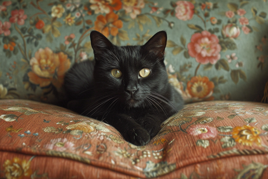 A black cat with striking yellow eyes is peacefully laying on a cozy floral couch. The cat''s fur is a deep black color, contrasting beautifully with the earthy tones of the couch. The cat appears relaxed and content, possibly taking a nap or enjoying a moment of rest. The floral pattern of the couch adds a touch of elegance to the scene. The cat''s intense gaze adds a sense of mystery and curiosity to the image. Overall, the composition exudes a sense of comfort and tranquility, capturing a serene moment in the cat''s day.