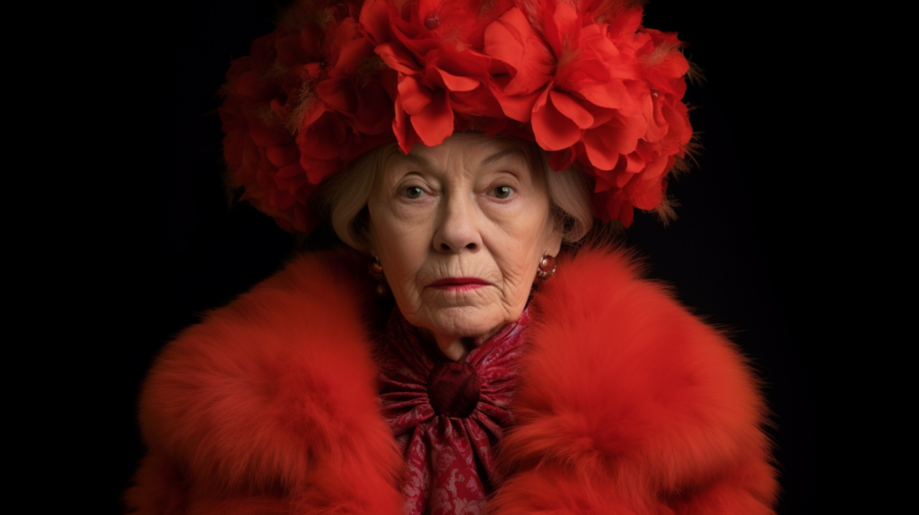 A stylish woman is captured in this image wearing a striking red hat and a luxurious fur coat. She exudes elegance and sophistication with her fashionable outfit. The focal point of the image is a beautiful flower placed atop her head, adding a touch of whimsy to her ensemble. The woman''s face is partially visible, showcasing her serene expression. The color palette of the image consists of warm tones such as reds and browns, complementing the woman''s attire. Overall, the scene conveys a sense of glamour and grace