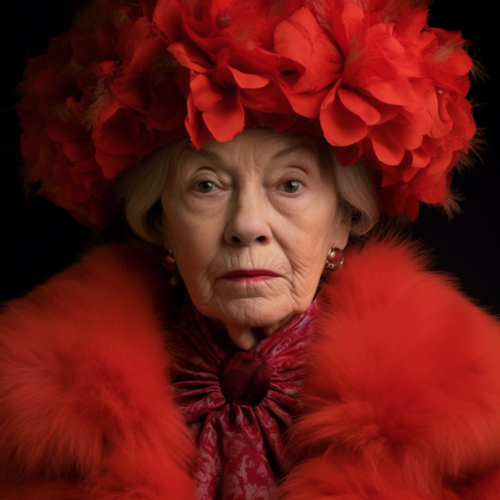 A stylish woman is captured in this image wearing a striking red hat and a luxurious fur coat. She exudes elegance and sophistication with her fashionable outfit. The focal point of the image is a beautiful flower placed atop her head, adding a touch of whimsy to her ensemble. The woman''s face is partially visible, showcasing her serene expression. The color palette of the image consists of warm tones such as reds and browns, complementing the woman''s attire. Overall, the scene conveys a sense of glamour and grace