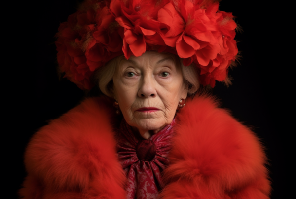 A stylish woman is captured in this image wearing a striking red hat and a luxurious fur coat. She exudes elegance and sophistication with her fashionable outfit. The focal point of the image is a beautiful flower placed atop her head, adding a touch of whimsy to her ensemble. The woman''s face is partially visible, showcasing her serene expression. The color palette of the image consists of warm tones such as reds and browns, complementing the woman''s attire. Overall, the scene conveys a sense of glamour and grace