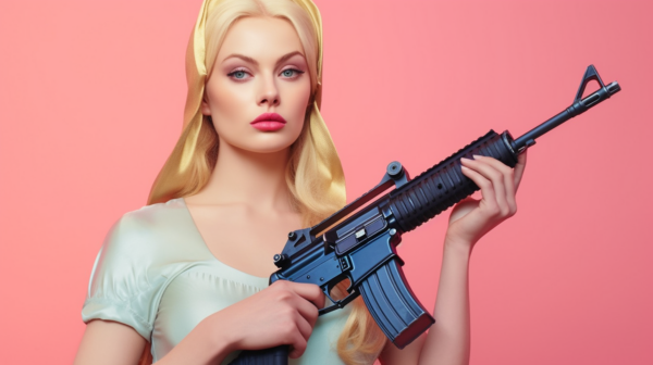 In the image, a confident woman is seen holding a gun in her hands, with a serious expression on her face. The woman appears to be focused and determined, showcasing a strong and empowered stance. The background of the image is a soft pink color, which contrasts with the intensity of the scene. The woman''s features are highlighted, including her hair and eyes. The gun is prominently displayed, adding a sense of danger and intrigue to the overall composition. This image captures a moment of strength and defiance, as the woman exudes a sense of control and authority.