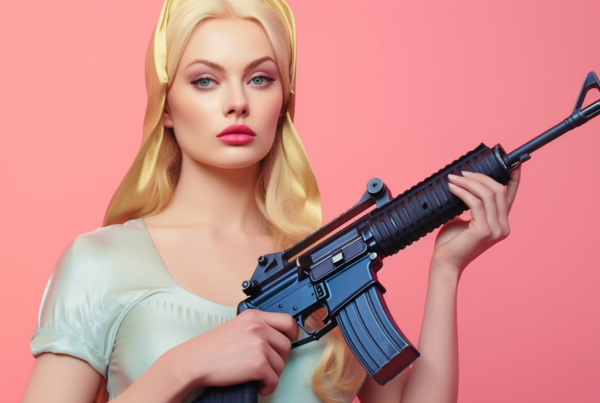 In the image, a confident woman is seen holding a gun in her hands, with a serious expression on her face. The woman appears to be focused and determined, showcasing a strong and empowered stance. The background of the image is a soft pink color, which contrasts with the intensity of the scene. The woman''s features are highlighted, including her hair and eyes. The gun is prominently displayed, adding a sense of danger and intrigue to the overall composition. This image captures a moment of strength and defiance, as the woman exudes a sense of control and authority.