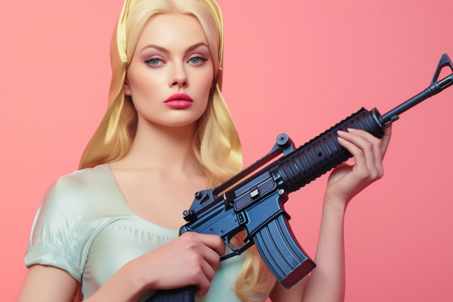 In the image, a confident woman is seen holding a gun in her hands, with a serious expression on her face. The woman appears to be focused and determined, showcasing a strong and empowered stance. The background of the image is a soft pink color, which contrasts with the intensity of the scene. The woman''s features are highlighted, including her hair and eyes. The gun is prominently displayed, adding a sense of danger and intrigue to the overall composition. This image captures a moment of strength and defiance, as the woman exudes a sense of control and authority.