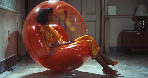 A woman is seated in a red bubble chair in a living room. She is wearing high heels and there is a cabinet/shelf in the background. The room has a red color scheme with accents of brown, and there is a sculpture and an umbrella present. The woman''s legs in the red shoes are visible, adding to the elegant and stylish atmosphere of the room. The overall aesthetic is modern and sophisticated, with a mix of textures and colors creating a visually appealing space.