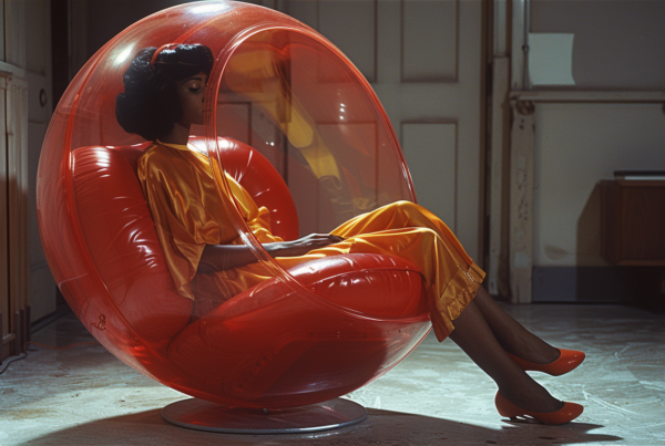 A woman is seated in a red bubble chair in a living room. She is wearing high heels and there is a cabinet/shelf in the background. The room has a red color scheme with accents of brown, and there is a sculpture and an umbrella present. The woman''s legs in the red shoes are visible, adding to the elegant and stylish atmosphere of the room. The overall aesthetic is modern and sophisticated, with a mix of textures and colors creating a visually appealing space.