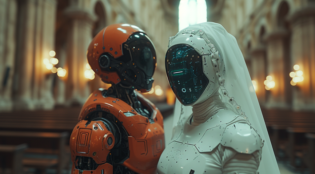 Two robots are standing next to each other in a church. One of the robots is wearing a futuristic helmet with goggles, while the other robot is dressed in a futuristic suit. The suit-wearing robot appears to be a woman, as indicated by the feminine shape of the suit. The helmet-wearing robot stands tall next to the woman, creating an interesting contrast between the two figures. The setting of a church adds a mysterious and intriguing element to the scene. The robots seem to be engaged in a conversation or interaction, hinting at a story behind their meeting in this unique location.