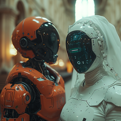 Two robots are standing next to each other in a church. One of the robots is wearing a futuristic helmet with goggles, while the other robot is dressed in a futuristic suit. The suit-wearing robot appears to be a woman, as indicated by the feminine shape of the suit. The helmet-wearing robot stands tall next to the woman, creating an interesting contrast between the two figures. The setting of a church adds a mysterious and intriguing element to the scene. The robots seem to be engaged in a conversation or interaction, hinting at a story behind their meeting in this unique location.