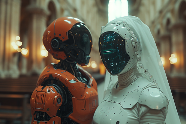Two robots are standing next to each other in a church. One of the robots is wearing a futuristic helmet with goggles, while the other robot is dressed in a futuristic suit. The suit-wearing robot appears to be a woman, as indicated by the feminine shape of the suit. The helmet-wearing robot stands tall next to the woman, creating an interesting contrast between the two figures. The setting of a church adds a mysterious and intriguing element to the scene. The robots seem to be engaged in a conversation or interaction, hinting at a story behind their meeting in this unique location.