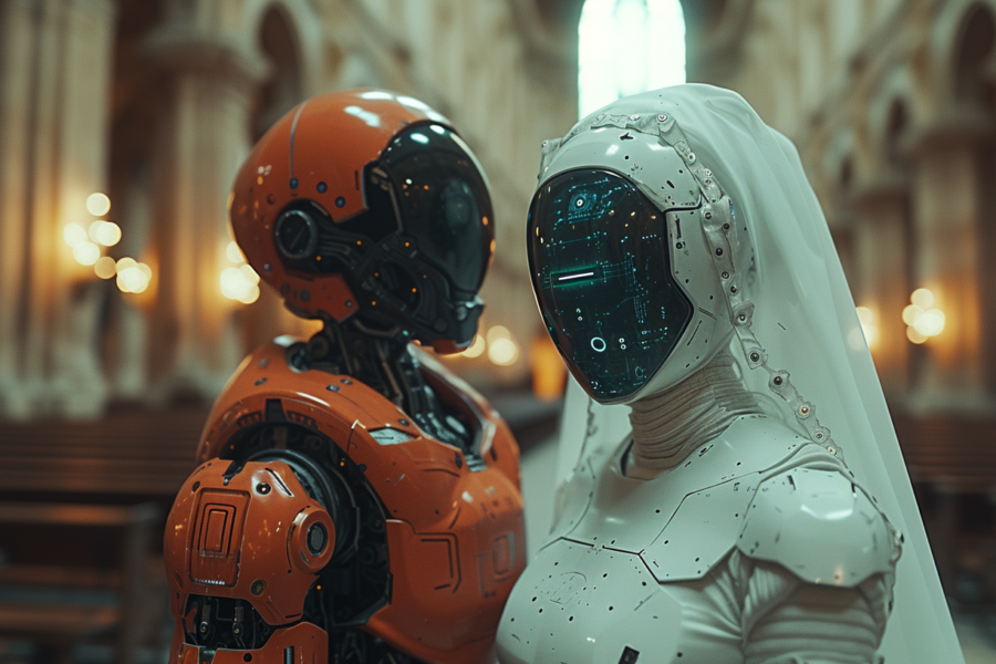 Two robots are standing next to each other in a church. One of the robots is wearing a futuristic helmet with goggles, while the other robot is dressed in a futuristic suit. The suit-wearing robot appears to be a woman, as indicated by the feminine shape of the suit. The helmet-wearing robot stands tall next to the woman, creating an interesting contrast between the two figures. The setting of a church adds a mysterious and intriguing element to the scene. The robots seem to be engaged in a conversation or interaction, hinting at a story behind their meeting in this unique location.