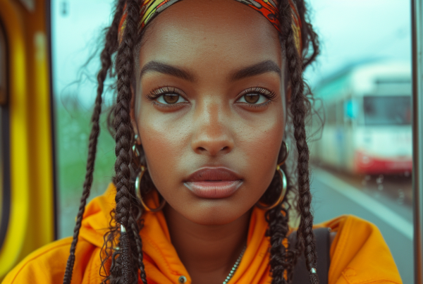 A young woman with long dreadlocks is seated on a bus, looking out the window. She is wearing a yellow jacket and appears calm and contemplative. In the background, a passing train can be seen through the window. The woman''s face is partially obscured by her hair, but her features are visible, including a large earring on one ear. The scene captures a moment of urban transit, with the woman''s unique hairstyle adding a touch of individuality to the mundane setting of a bus ride.