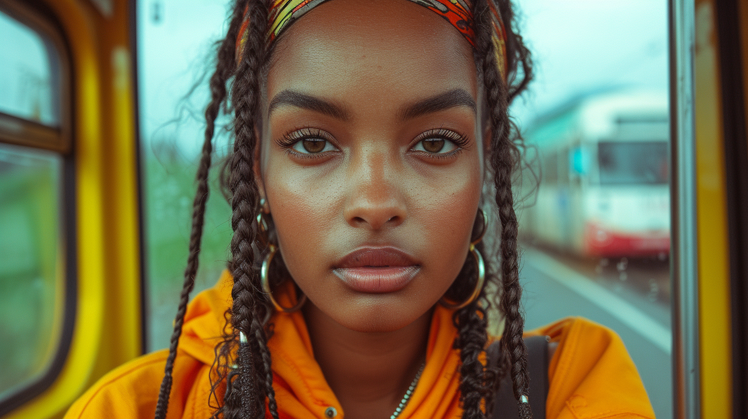 A young woman with long dreadlocks is seated on a bus, looking out the window. She is wearing a yellow jacket and appears calm and contemplative. In the background, a passing train can be seen through the window. The woman''s face is partially obscured by her hair, but her features are visible, including a large earring on one ear. The scene captures a moment of urban transit, with the woman''s unique hairstyle adding a touch of individuality to the mundane setting of a bus ride.